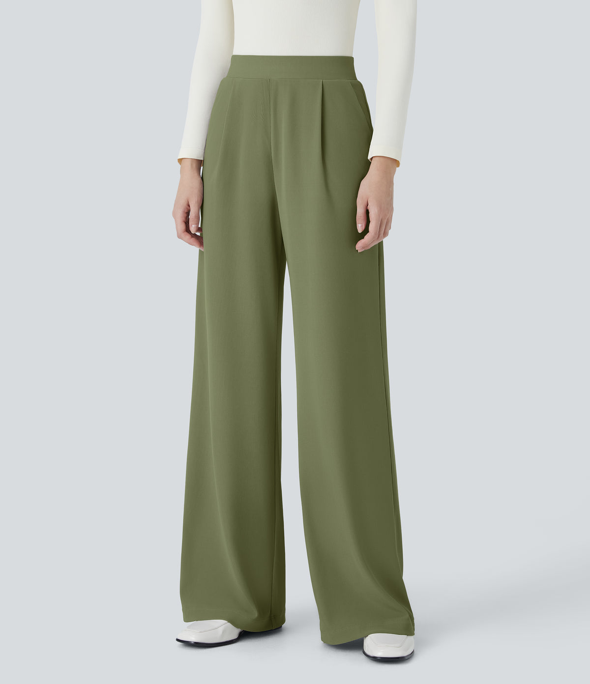 High Waisted Body Sculpt Waist-Slimming Pocket Wide Leg Micro Waffle Work Trousers — Mosstone — view 22