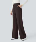 High Waisted Body Sculpt Waist-Slimming Pocket Wide Leg Micro Waffle Work Trousers — Chocolate Torte — view 1