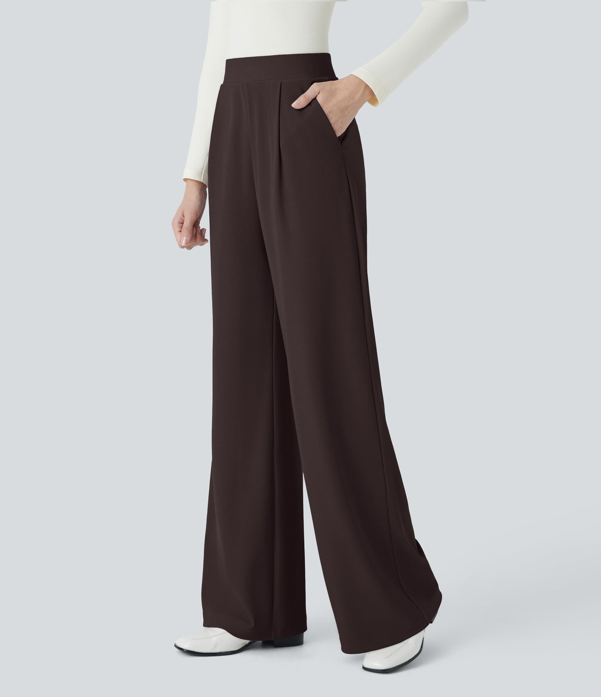 High Waisted Body Sculpt Waist-Slimming Pocket Wide Leg Micro Waffle Work Trousers — Chocolate Torte — view 1