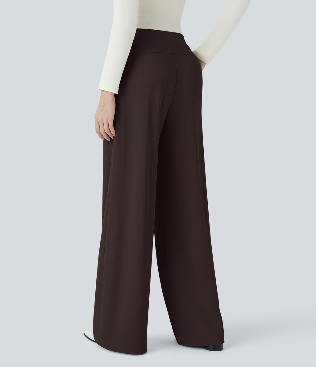 High Waisted Body Sculpt Waist-Slimming Pocket Wide Leg Micro Waffle Work Trousers — Chocolate Torte — view 2
