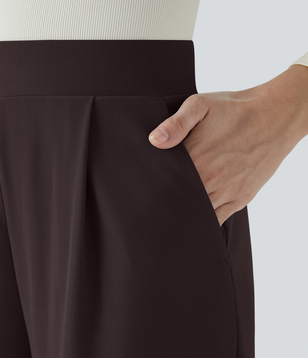 High Waisted Body Sculpt Waist-Slimming Pocket Wide Leg Micro Waffle Work Trousers — Chocolate Torte — view 4