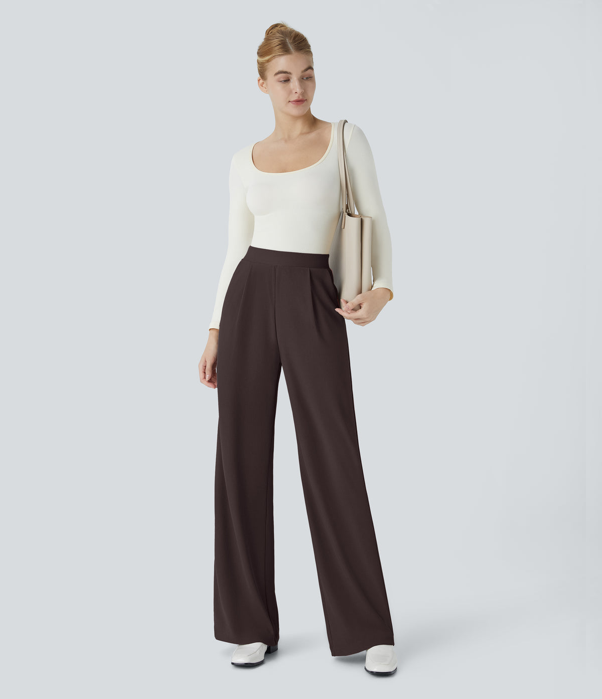High Waisted Body Sculpt Waist-Slimming Pocket Wide Leg Micro Waffle Work Trousers — Chocolate Torte — view 6