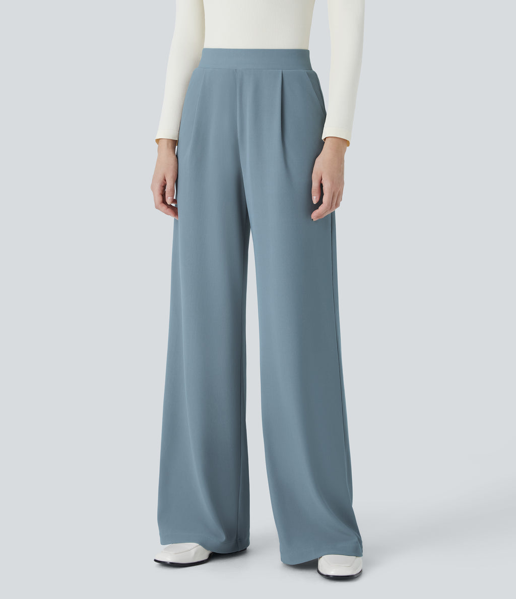 High Waisted Body Sculpt Waist-Slimming Pocket Wide Leg Micro Waffle Work Trousers — Mountain Spring — view 21