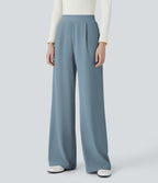 High Waisted Body Sculpt Waist-Slimming Pocket Wide Leg Micro Waffle Work Trousers — Mountain Spring — view 21