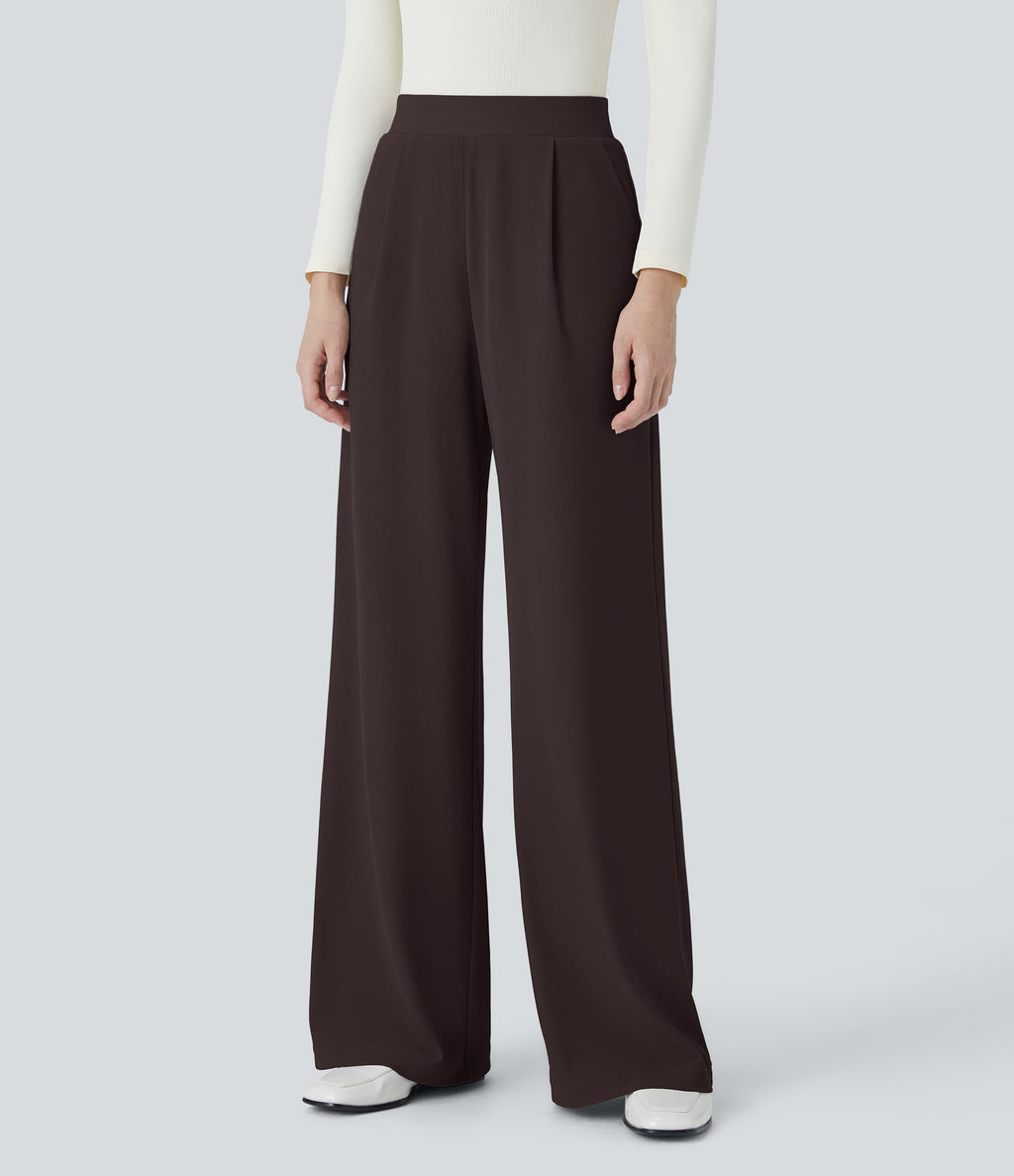 High Waisted Body Sculpt Waist-Slimming Pocket Wide Leg Micro Waffle Work Trousers — Chocolate Torte — view 3