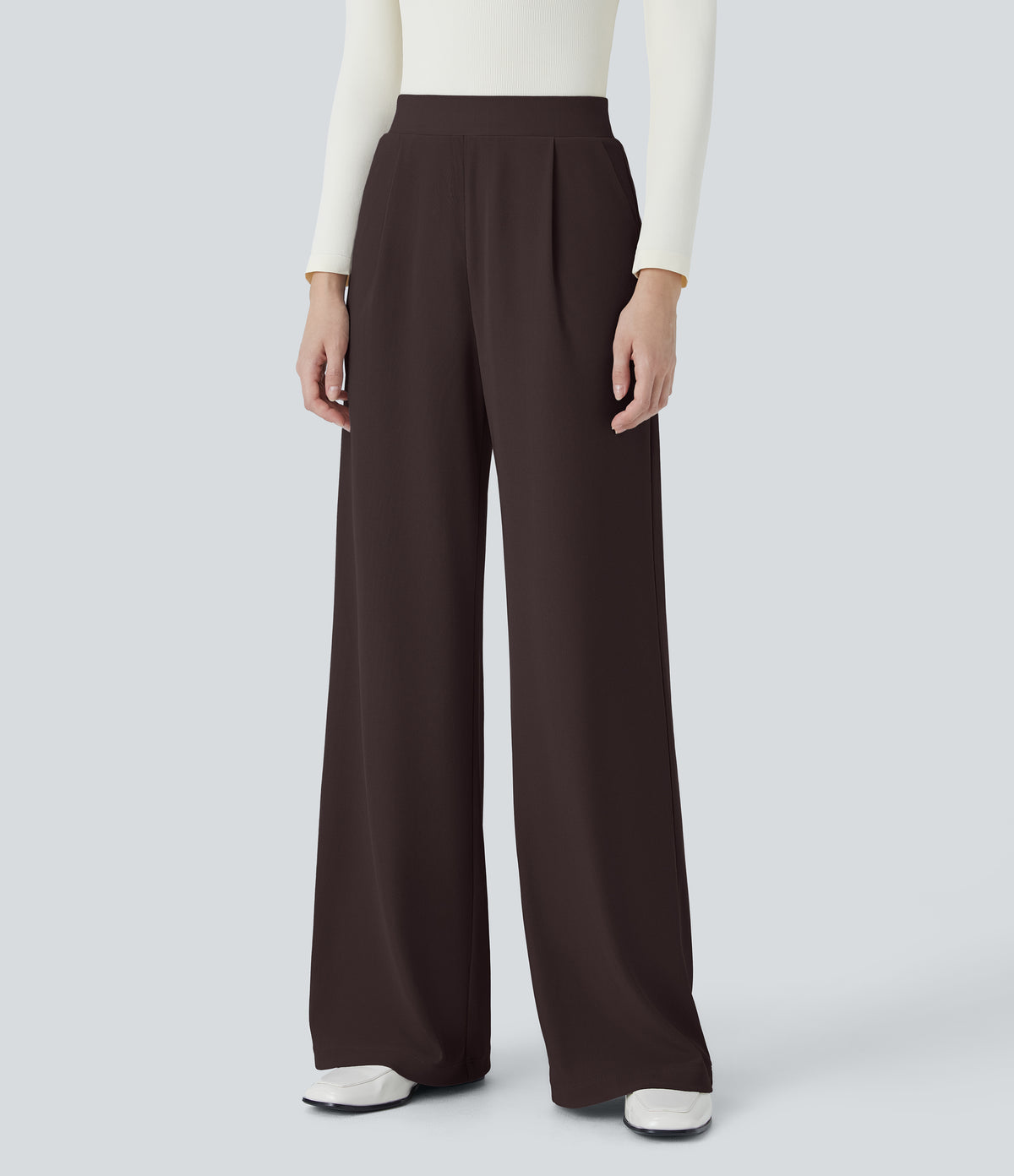 High Waisted Body Sculpt Waist-Slimming Pocket Wide Leg Micro Waffle Work Trousers — Chocolate Torte — view 3