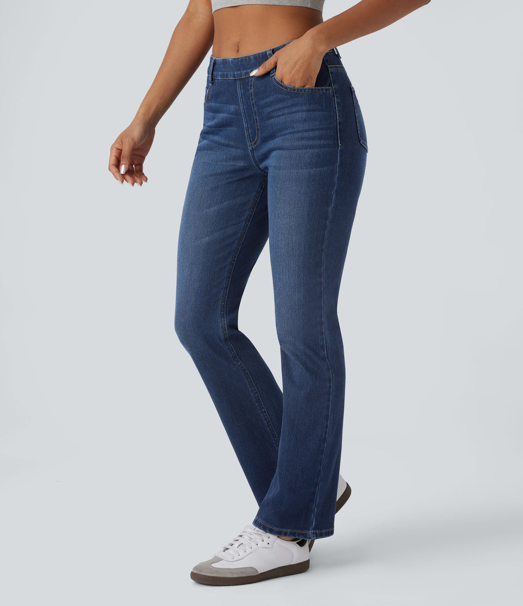 High Waisted Pockets Washed Casual Bootcut Jeans — Paint Blue Denim — view 3