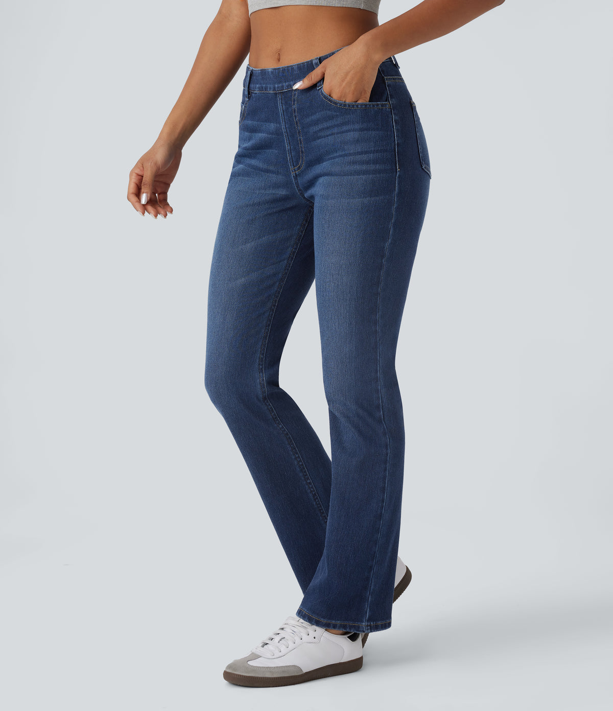 High Waisted Pockets Washed Casual Bootcut Jeans — Paint Blue Denim — view 3