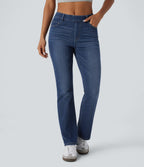High Waisted Pockets Washed Casual Bootcut Jeans — Paint Blue Denim — view 1