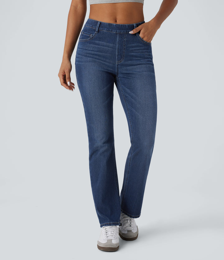 High Waisted Pockets Washed Casual Bootcut Jeans — Paint Blue Denim — view 1