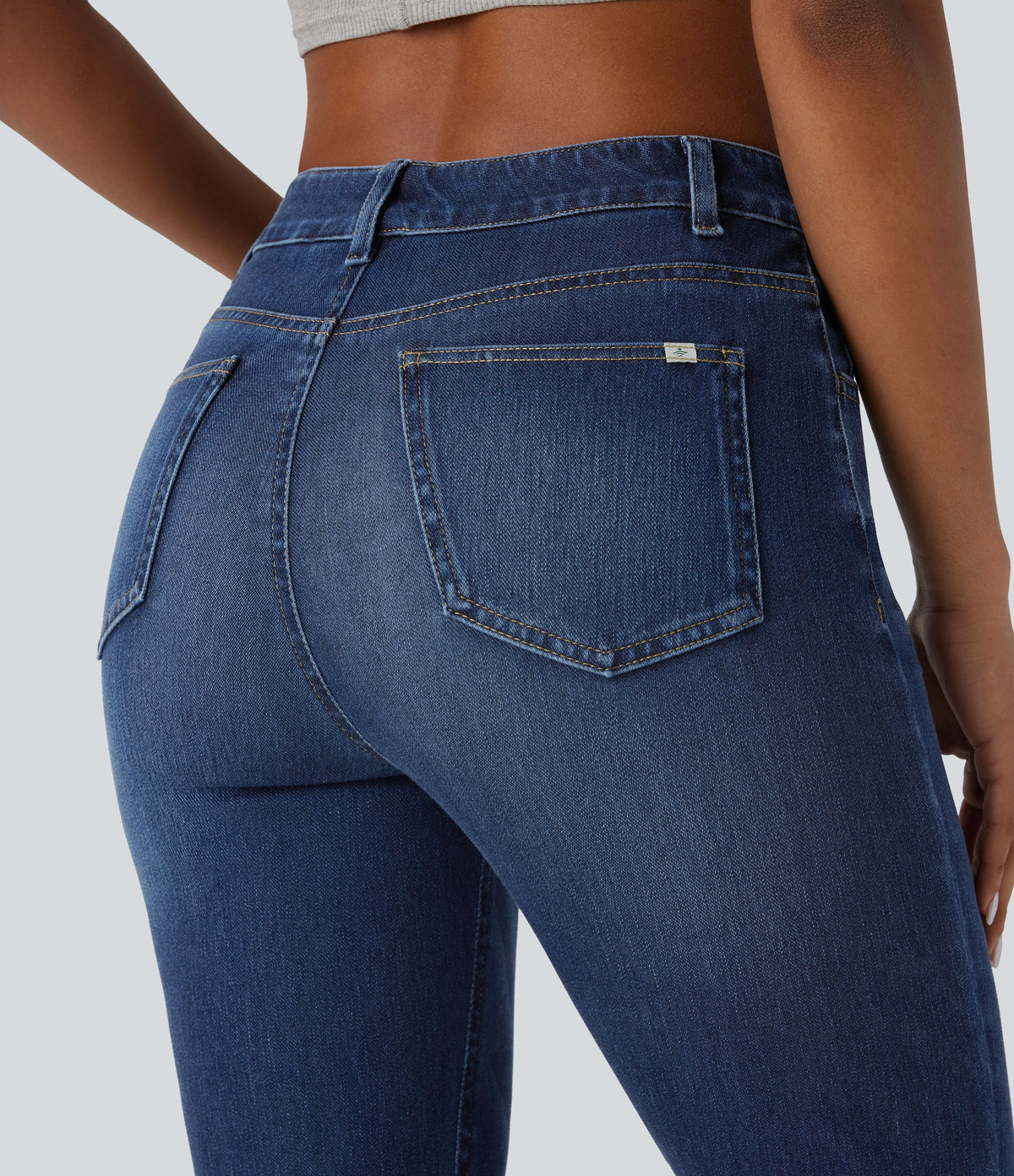 High Waisted Pockets Washed Casual Bootcut Jeans — Paint Blue Denim — view 5
