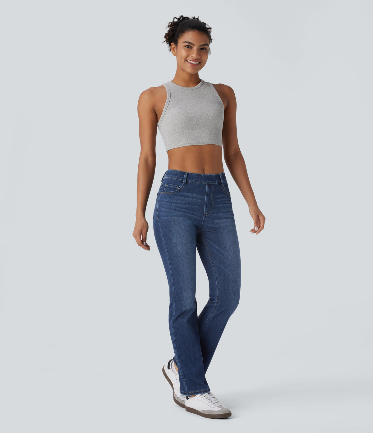 High Waisted Pockets Washed Casual Bootcut Jeans — Paint Blue Denim — view 6