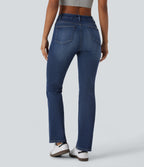 High Waisted Pockets Washed Casual Bootcut Jeans — Paint Blue Denim — view 2