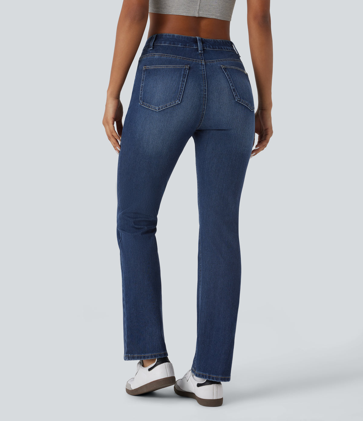 High Waisted Pockets Washed Casual Bootcut Jeans — Paint Blue Denim — view 2