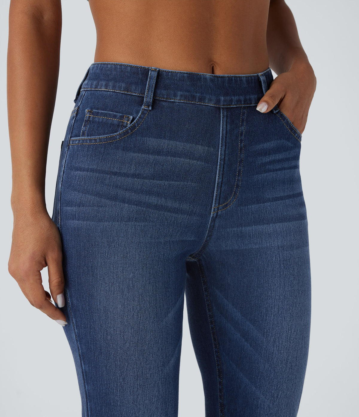 High Waisted Pockets Washed Casual Bootcut Jeans — Paint Blue Denim — view 4