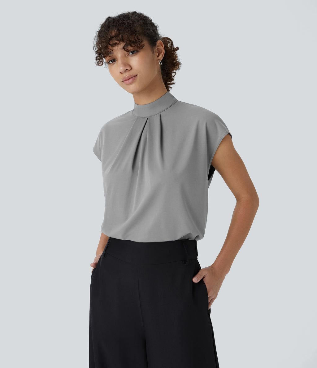 Stand Collar Button Back Cap Sleeve Work Blouse — Ultimate Gray — view 1