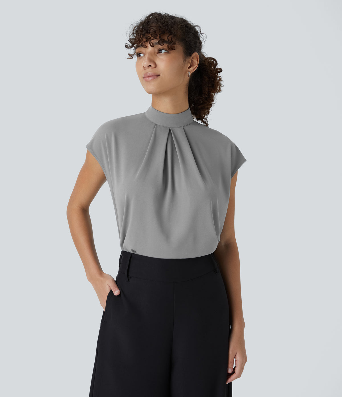 Stand Collar Button Back Cap Sleeve Work Blouse — Ultimate Gray — view 3
