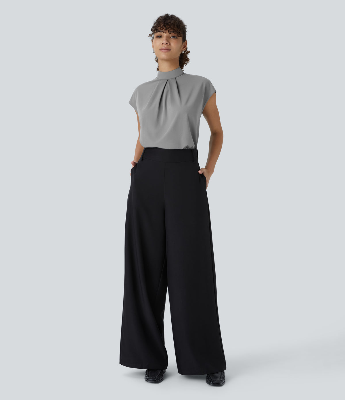 Stand Collar Button Back Cap Sleeve Work Blouse — Ultimate Gray — view 7