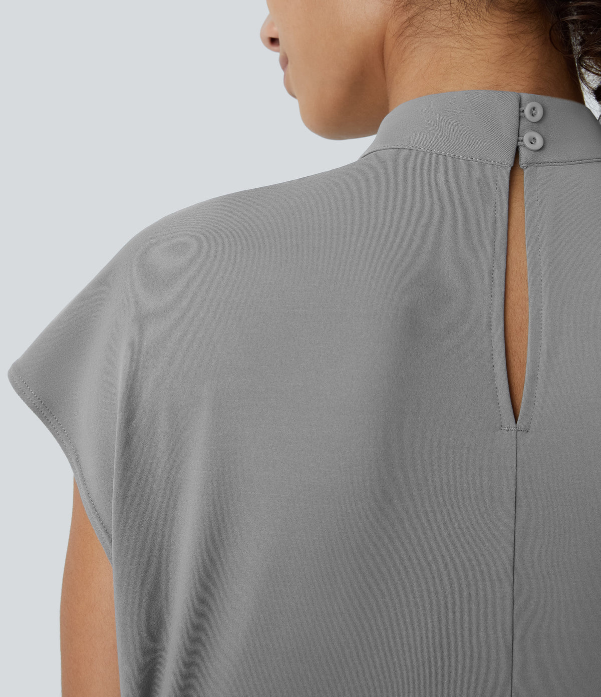 Stand Collar Button Back Cap Sleeve Work Blouse — Ultimate Gray — view 5