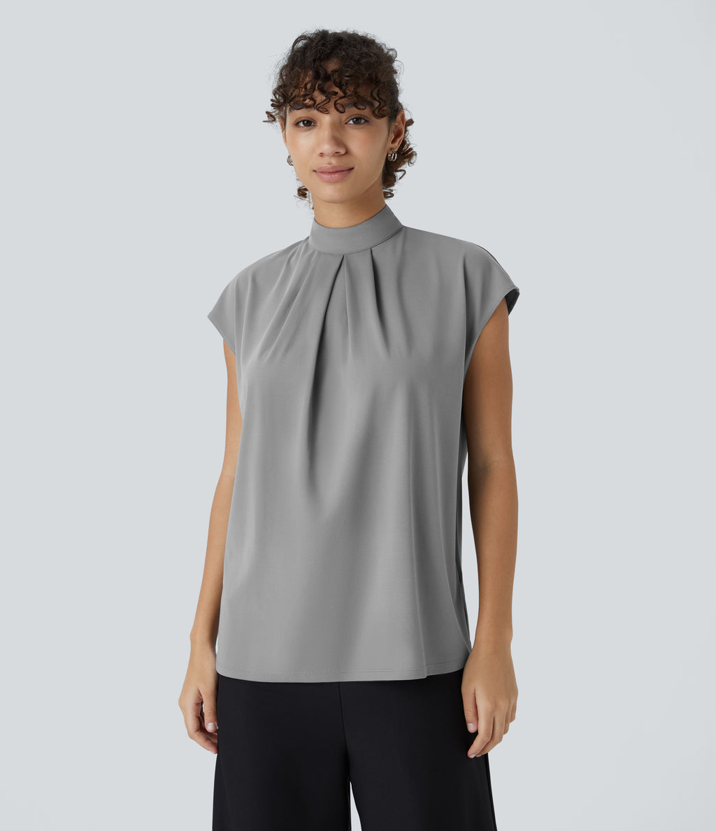Stand Collar Button Back Cap Sleeve Work Blouse — Ultimate Gray — view 6