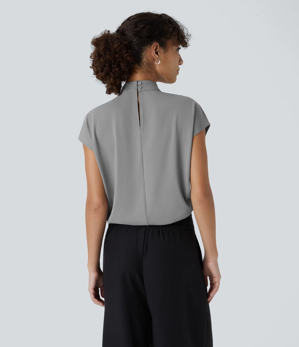 Stand Collar Button Back Cap Sleeve Work Blouse — Ultimate Gray — view 2