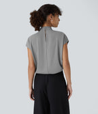 Stand Collar Button Back Cap Sleeve Work Blouse — Ultimate Gray — view 2