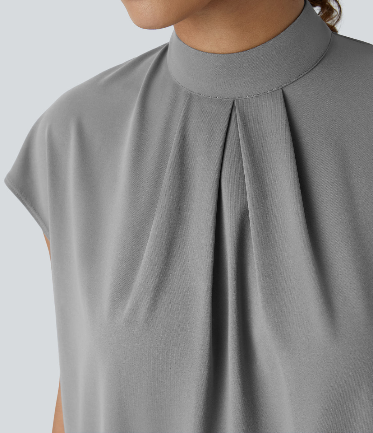 Stand Collar Button Back Cap Sleeve Work Blouse — Ultimate Gray — view 4