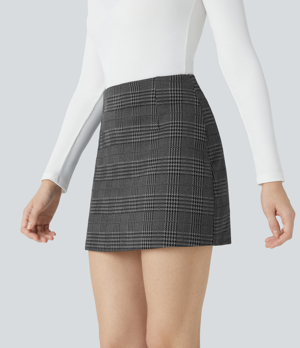 High Waisted 2-in-1 Houndstooth Plaid Mini Work Skirt — Dark Gray Plaid — view 4