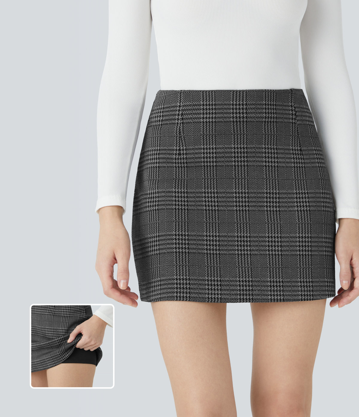 High Waisted 2-in-1 Houndstooth Plaid Mini Work Skirt — Dark Gray Plaid — view 1