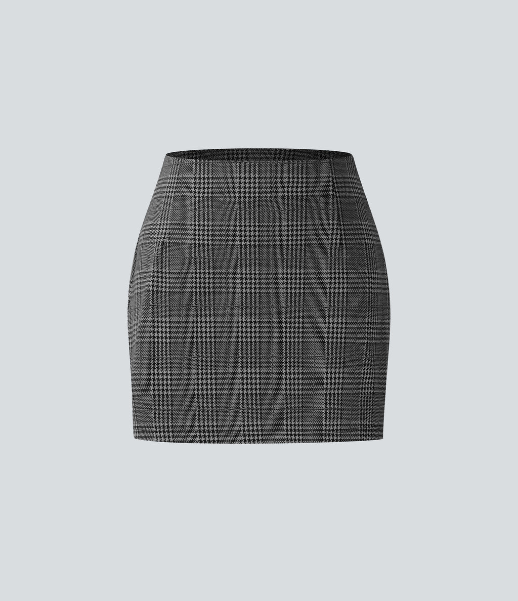High Waisted 2-in-1 Houndstooth Plaid Mini Work Skirt — Dark Gray Plaid — view 7