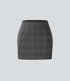 High Waisted 2-in-1 Houndstooth Plaid Mini Work Skirt — Dark Gray Plaid — view 7