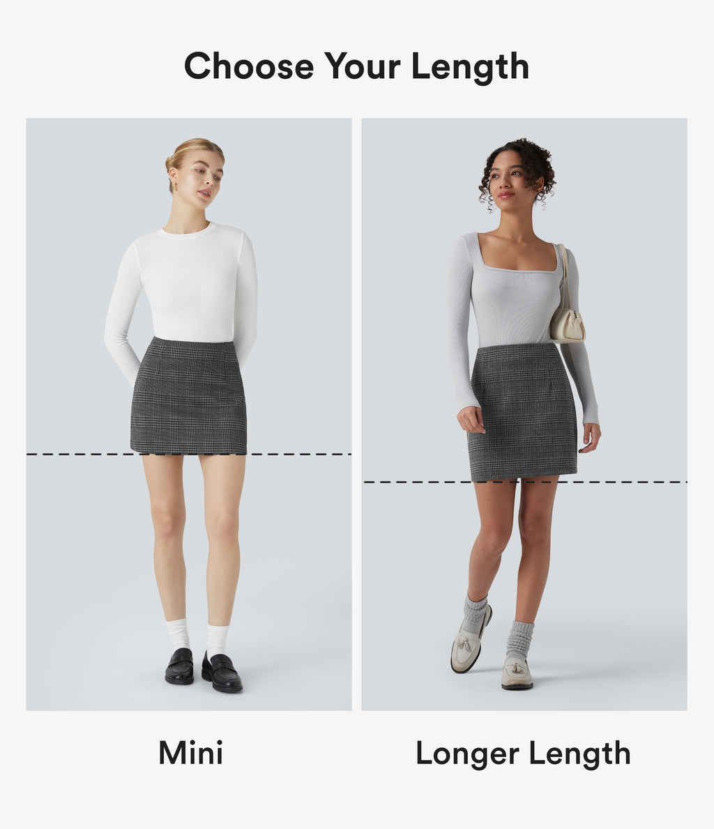 High Waisted 2-in-1 Houndstooth Plaid Mini Work Skirt — Dark Gray Plaid — view 2