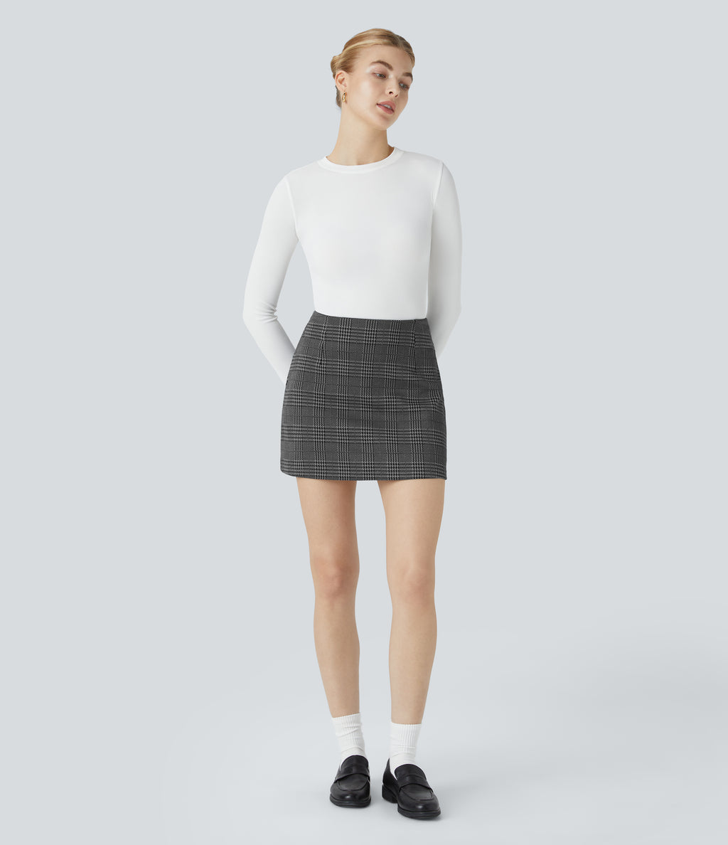 High Waisted 2-in-1 Houndstooth Plaid Mini Work Skirt — Dark Gray Plaid — view 6