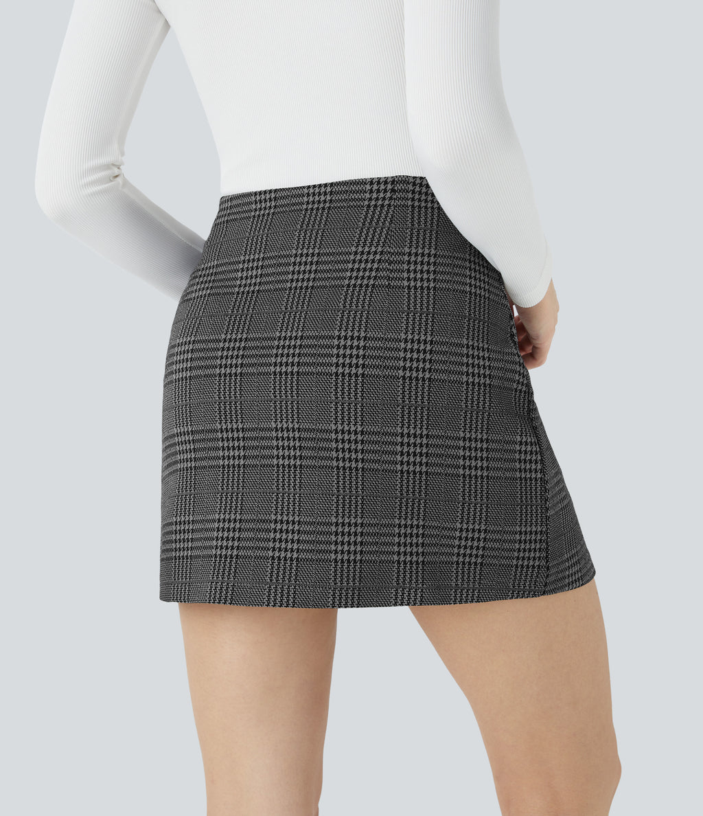High Waisted 2-in-1 Houndstooth Plaid Mini Work Skirt — Dark Gray Plaid — view 3