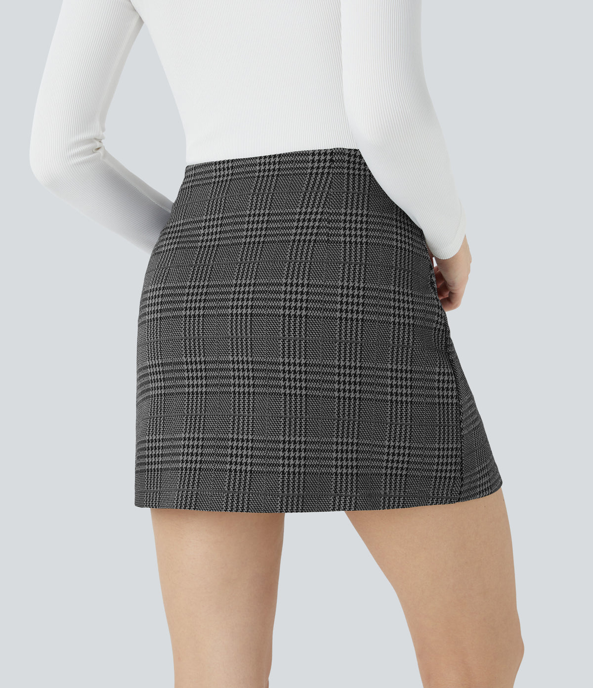 High Waisted 2-in-1 Houndstooth Plaid Mini Work Skirt — Dark Gray Plaid — view 3