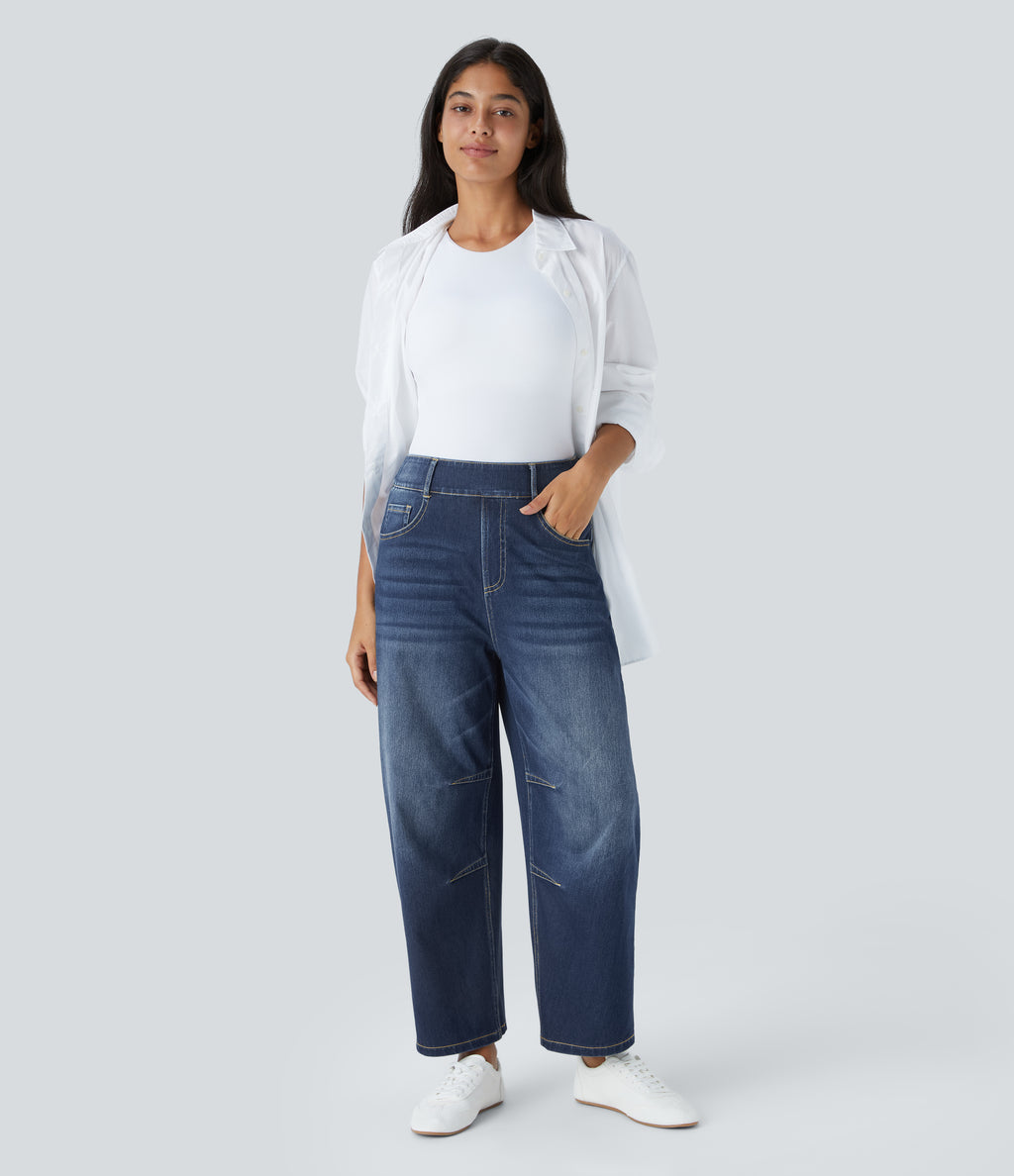 Mid Rise Pockets Barrel Leg Casual Jeans — Distressed Denim Dark Blue — view 7
