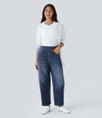 Mid Rise Pockets Barrel Leg Casual Jeans — Distressed Denim Dark Blue — view 7