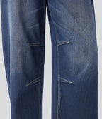 Mid Rise Pockets Barrel Leg Casual Jeans — Distressed Denim Dark Blue — view 6