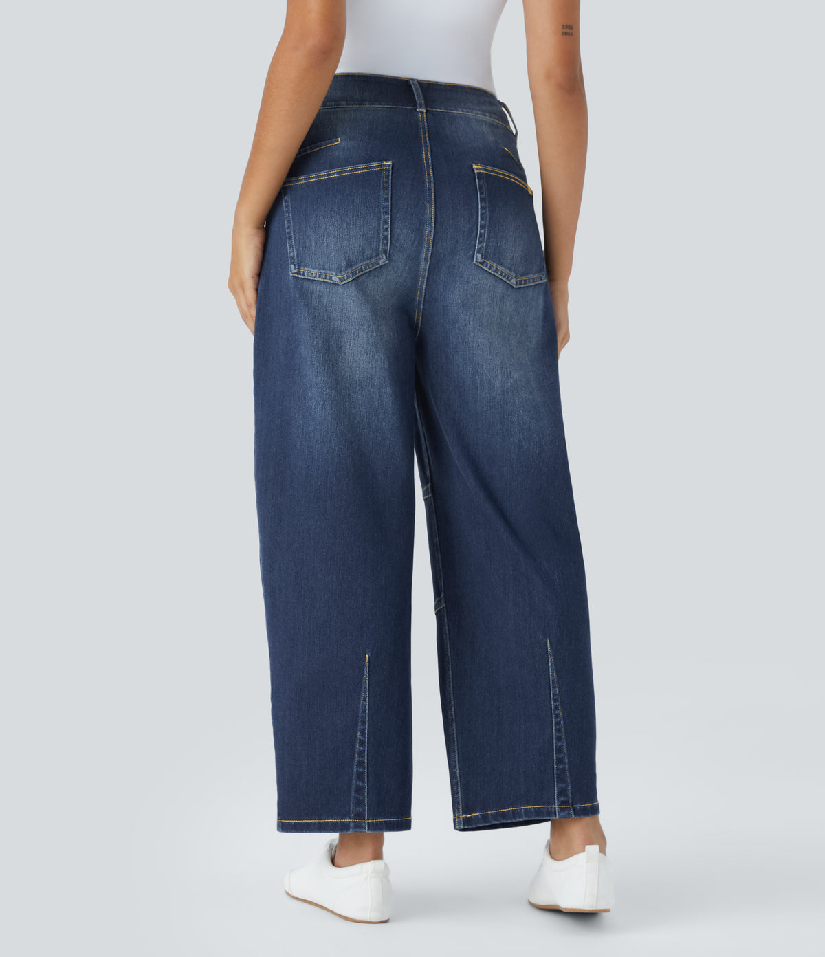 Mid Rise Pockets Barrel Leg Casual Jeans — Distressed Denim Dark Blue — view 2
