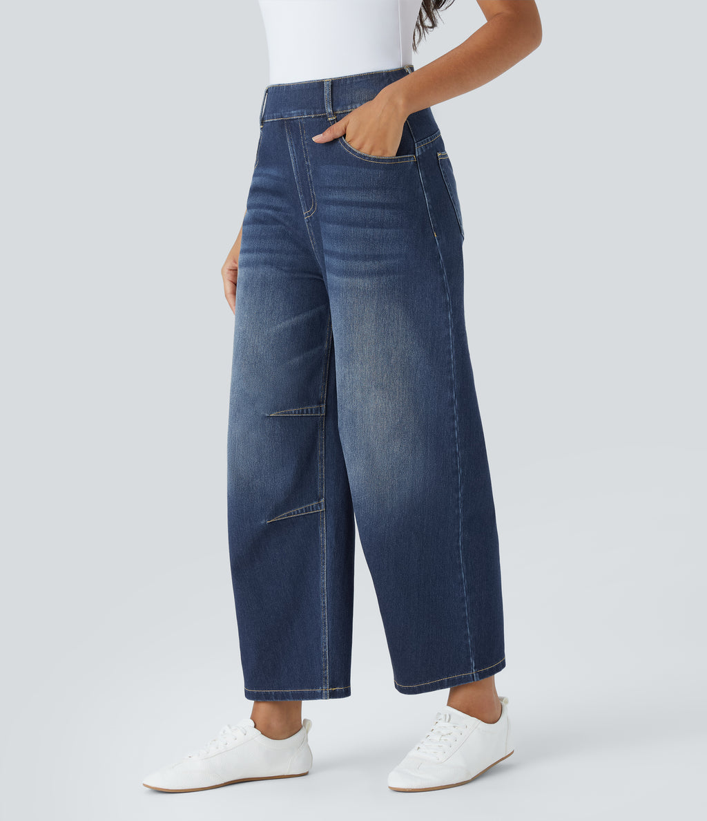 Mid Rise Pockets Barrel Leg Casual Jeans — Distressed Denim Dark Blue — view 1