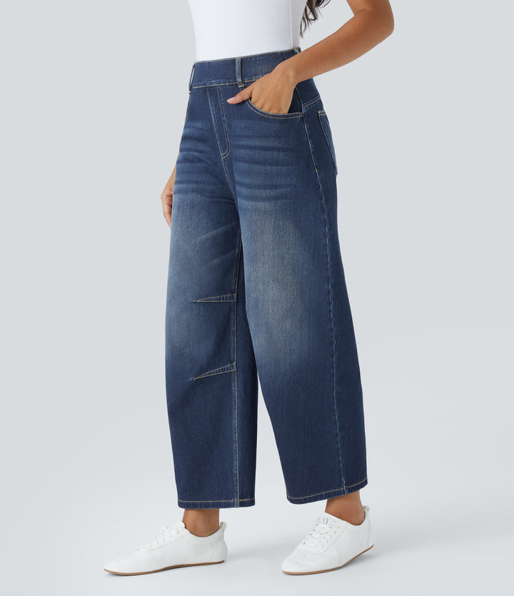 Mid Rise Pockets Barrel Leg Casual Jeans — Distressed Denim Dark Blue — view 1