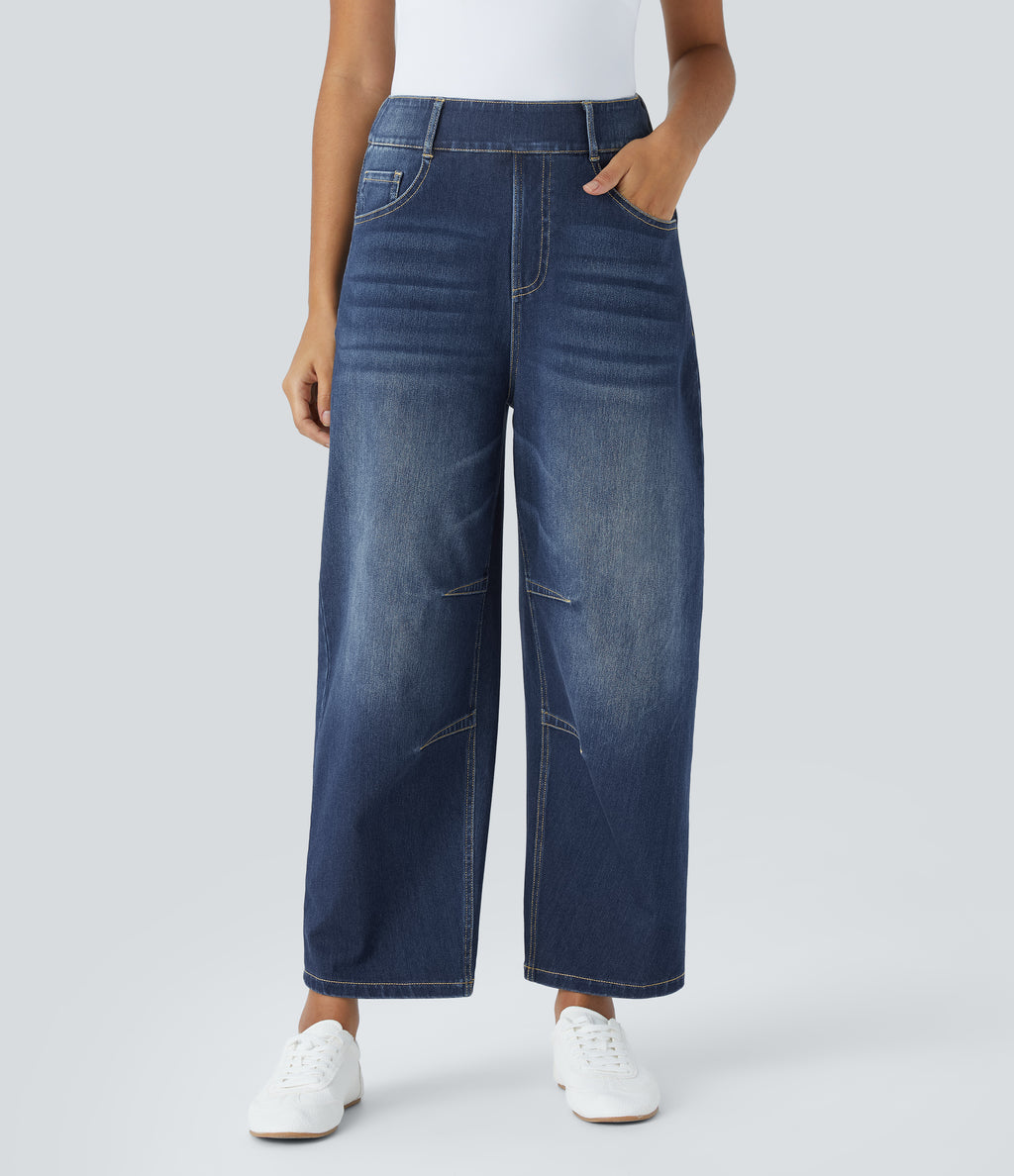 Mid Rise Pockets Barrel Leg Casual Jeans — Distressed Denim Dark Blue — view 3