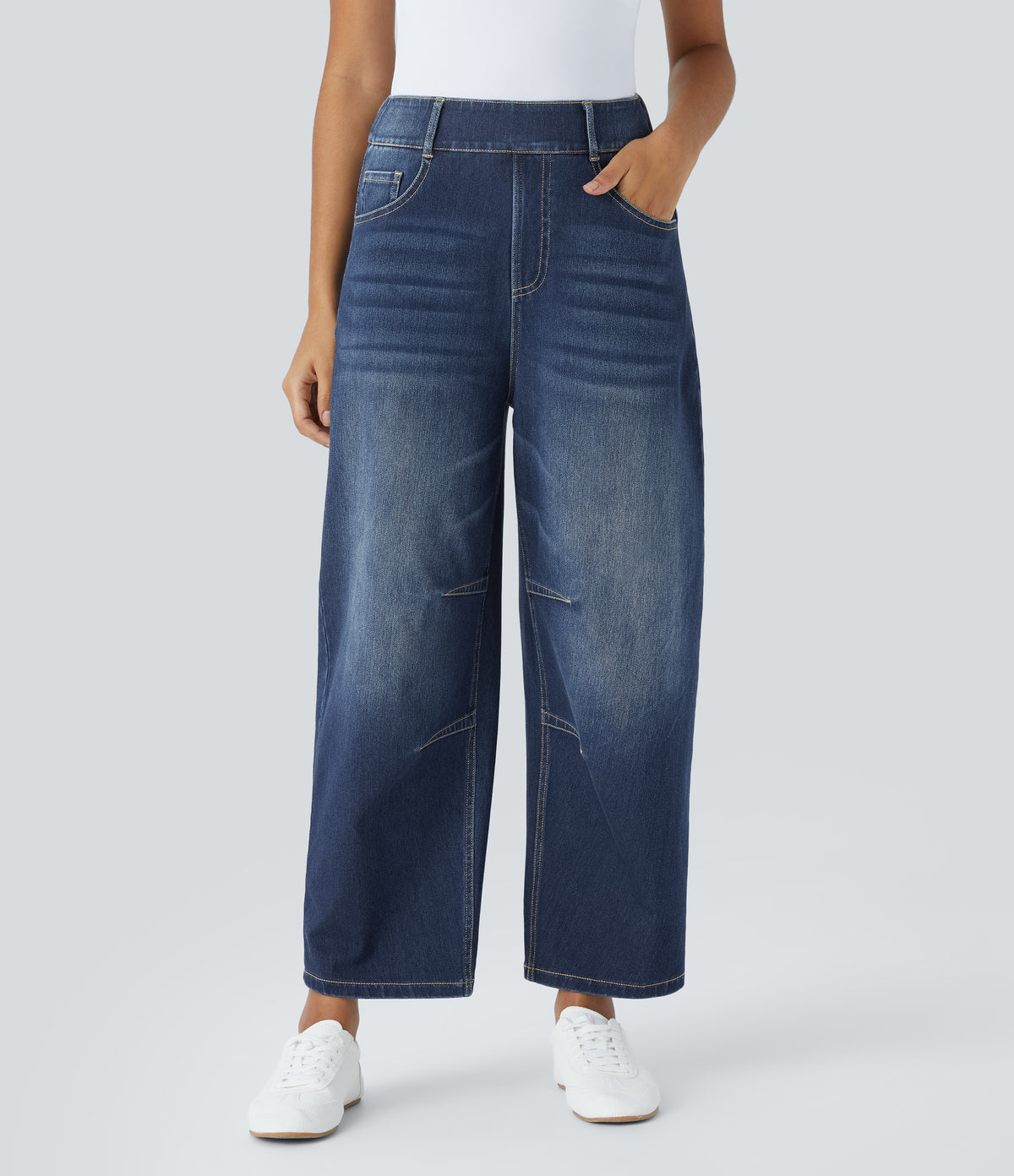 Mid Rise Pockets Barrel Leg Casual Jeans — Distressed Denim Dark Blue — view 3