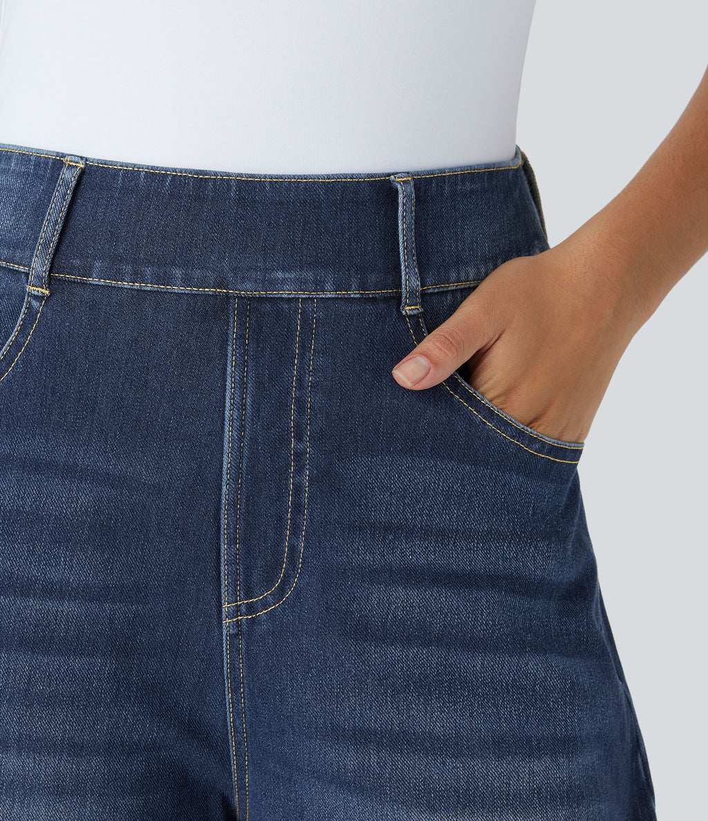 Mid Rise Pockets Barrel Leg Casual Jeans — Distressed Denim Dark Blue — view 4