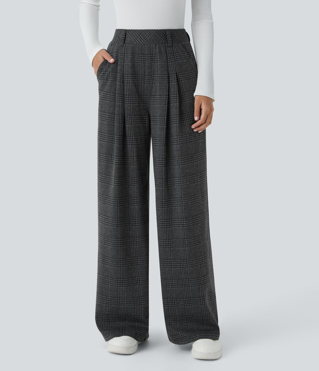 High Waisted Pocket Wide Leg Houndstooth Plaid Casual Trousers — Charcoal Black Houndstooth Plaid — view 1