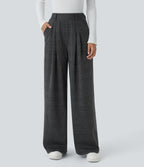 High Waisted Pocket Wide Leg Houndstooth Plaid Casual Trousers — Charcoal Black Houndstooth Plaid — view 1
