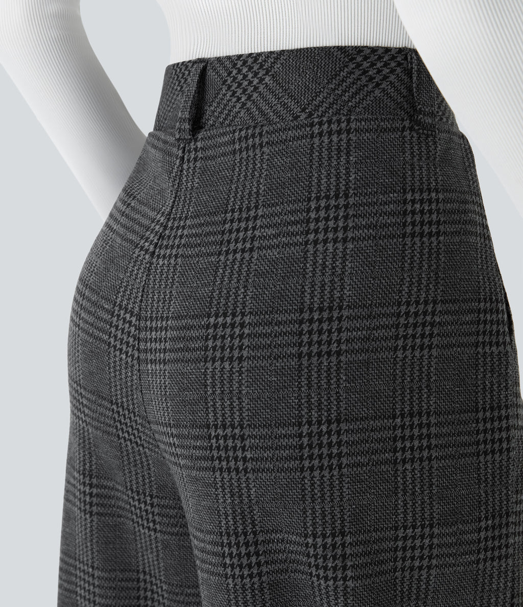 High Waisted Pocket Wide Leg Houndstooth Plaid Casual Trousers — Charcoal Black Houndstooth Plaid — view 6
