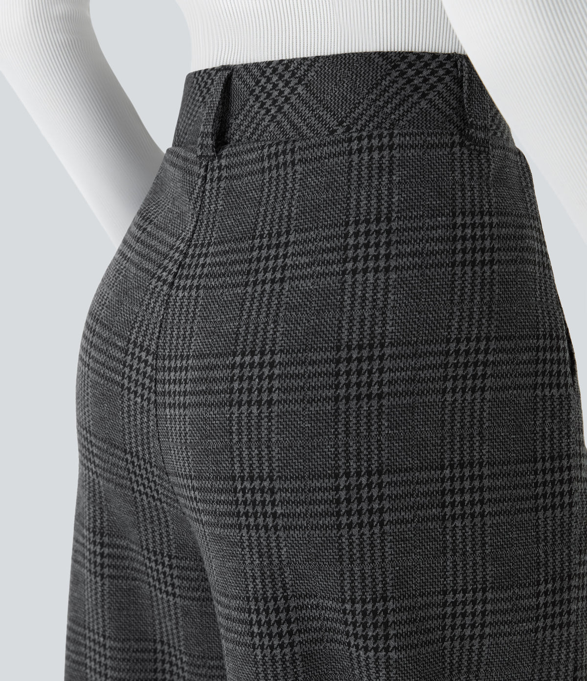 High Waisted Pocket Wide Leg Houndstooth Plaid Casual Trousers — Charcoal Black Houndstooth Plaid — view 6