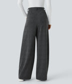 High Waisted Pocket Wide Leg Houndstooth Plaid Casual Trousers — Charcoal Black Houndstooth Plaid — view 2
