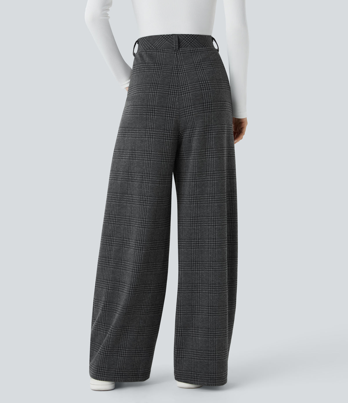 High Waisted Pocket Wide Leg Houndstooth Plaid Casual Trousers — Charcoal Black Houndstooth Plaid — view 2